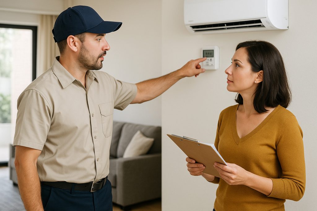 Homeowner and HVAC technician discussing AC control panel during maintenance visit in Los Angeles living room.
