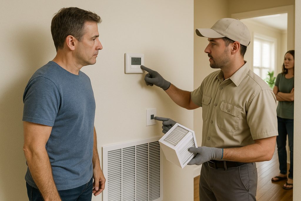 Homeowner observing HVAC technician explain whole-house dehumidifier control panel in Los Angeles home hallway.