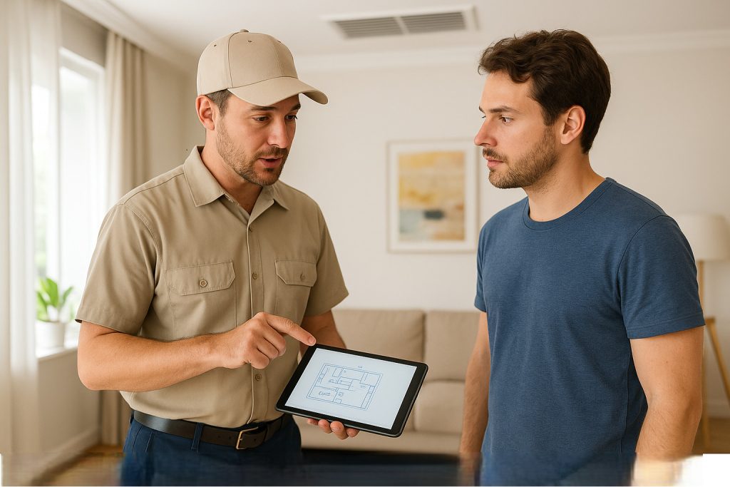 Homeowner reviews emergency AC repair options with HVAC technician in modern living room.