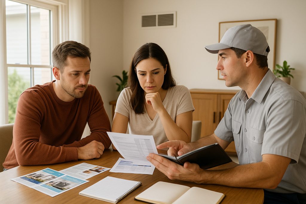 Couple reviewing multiple local AC installation bids with HVAC technician in Los Angeles dining room.