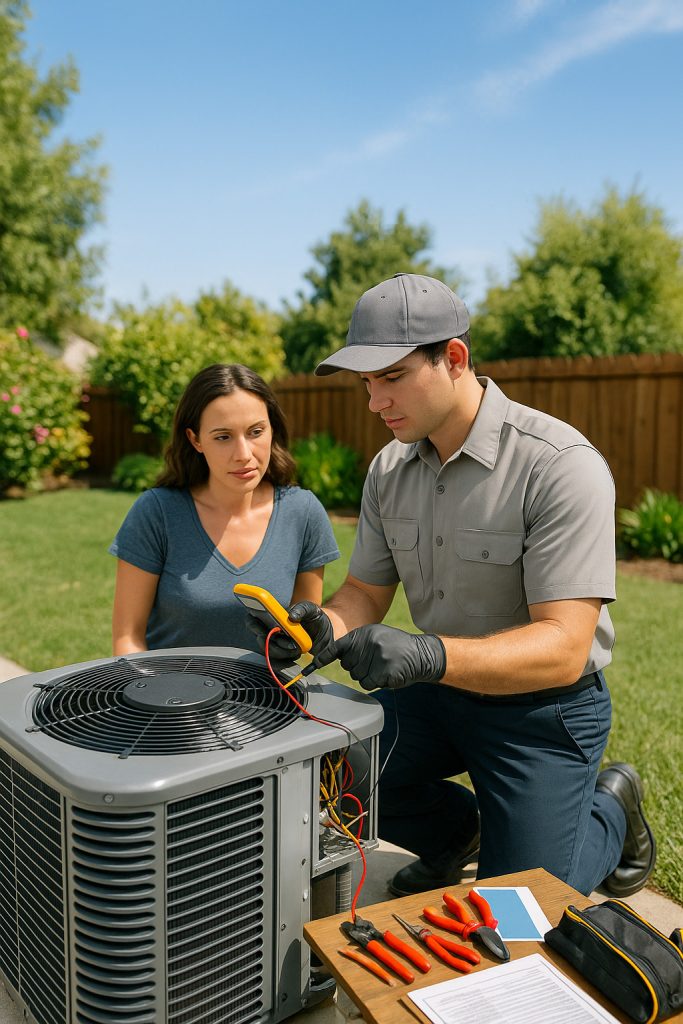 HVAC technician conducting seasonal maintenance on outdoor AC unit in Los Angeles backyard.