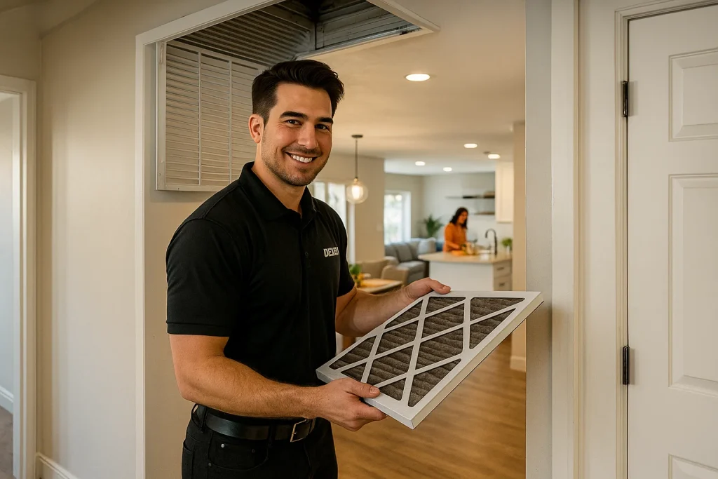 An HVAC tech changing an air filter in a residential living room.