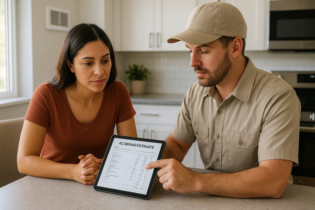 Homeowner and HVAC technician reviewing AC repair estimate in Los Angeles kitchen.