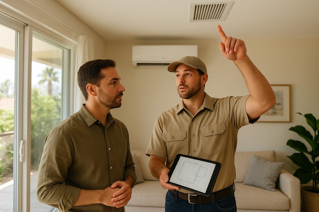 Homeowner and HVAC technician discussing AC installation plans during in-home assessment in Los Angeles living room.