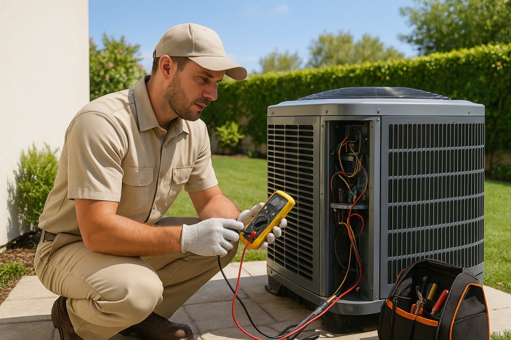 HVAC technician conducting routine maintenance on outdoor AC unit in Beverly Hills backyard.