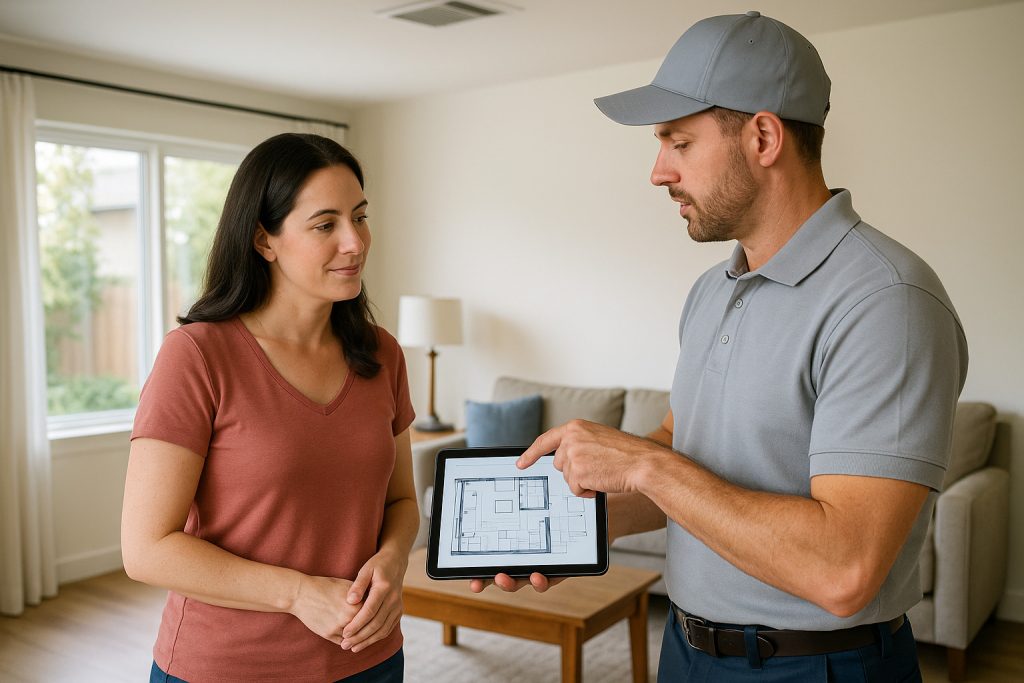 Homeowner and HVAC technician discussing central AC installation plans in Los Angeles living room.