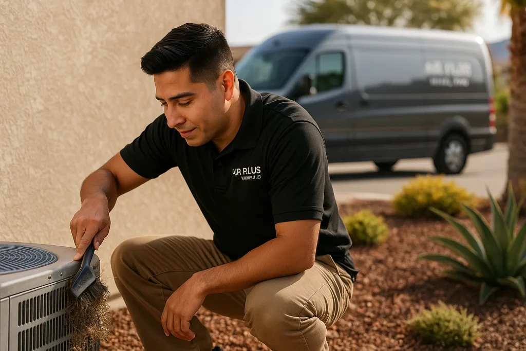 Technician cleaning outdoor AC condenser in Southern California backyard