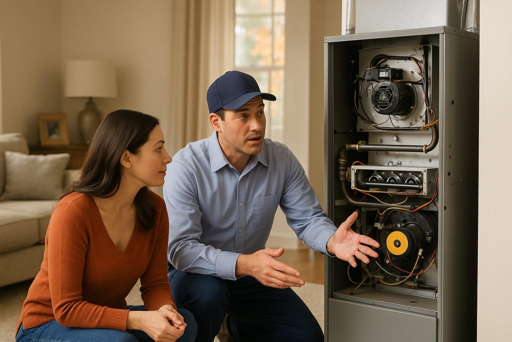 HVAC technician explaining furnace operation to homeowner during a fall tune-up in Los Angeles