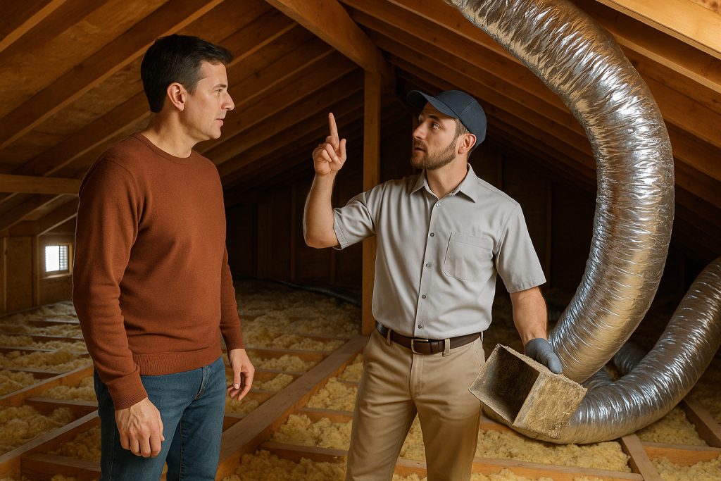 Homeowner and HVAC technician reviewing attic duct replacement in Los Angeles