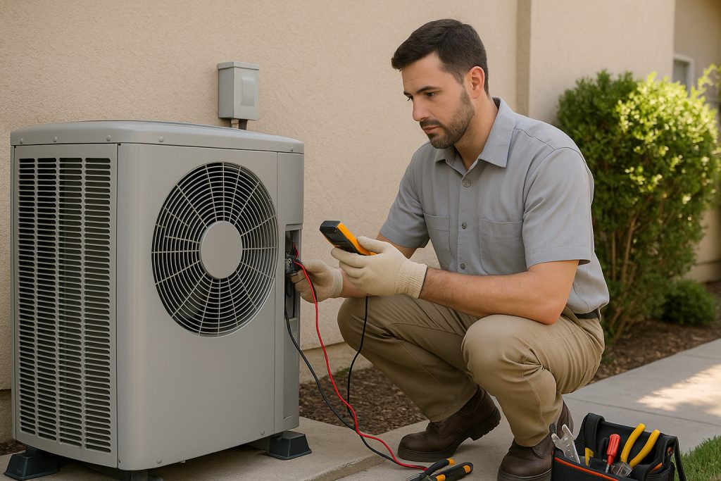 HVAC technician testing outdoor heat pump unit with multimeter in Los Angeles