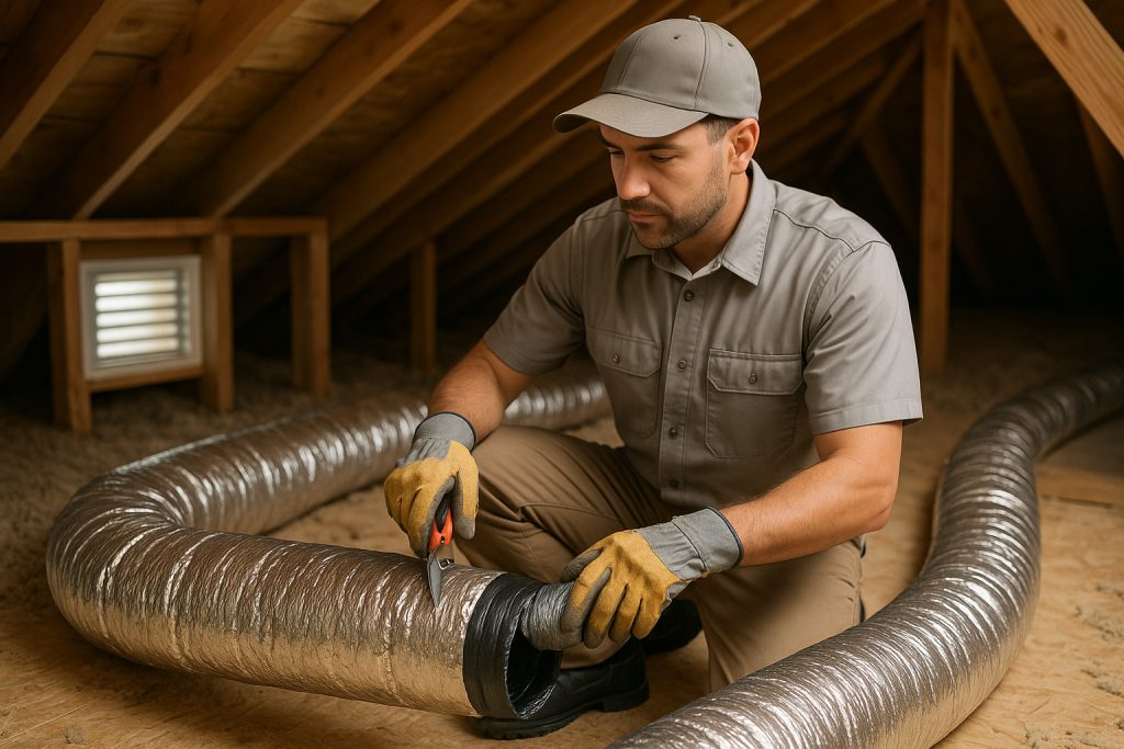 Technician installing flexible insulated duct in Los Angeles attic