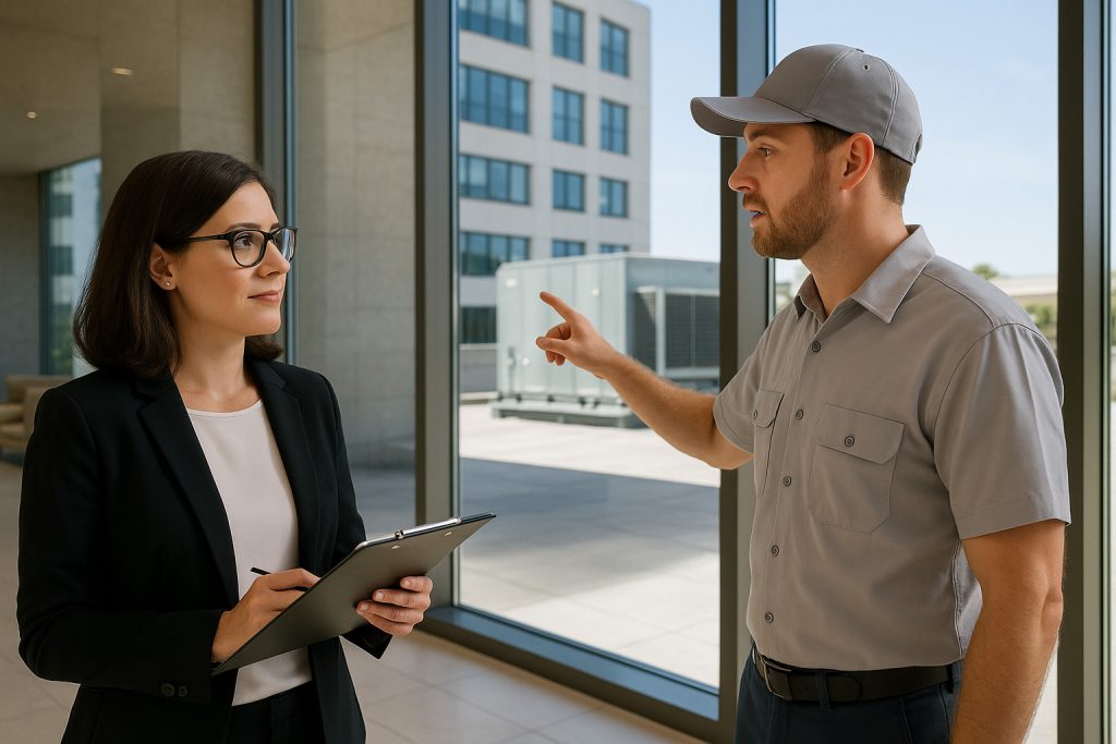 Property manager discussing rooftop HVAC maintenance with technician in Los Angeles office building