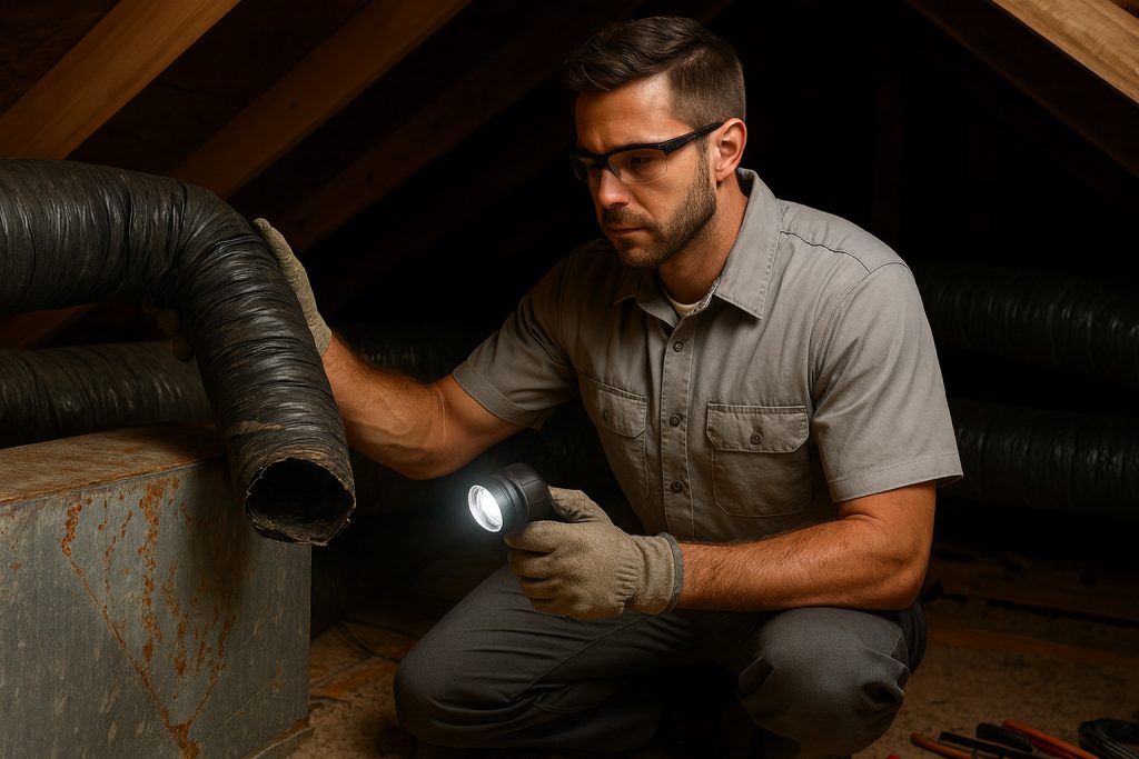 HVAC technician inspecting cracked and rusted ductwork in Los Angeles attic