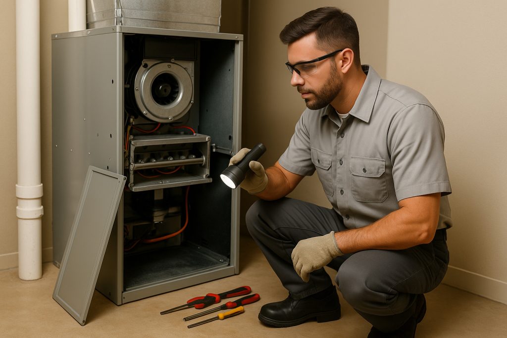 HVAC technician inspecting furnace burner assembly in Los Angeles utility room