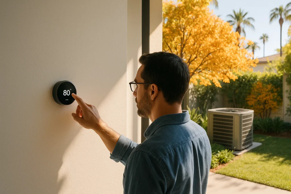 homeowner in Los Angeles adjusting thermostat while AC runs on warm October day