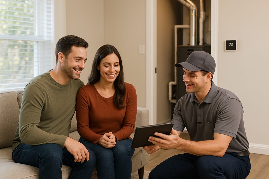 Homeowners review new AC and furnace system with technician in Los Angeles home