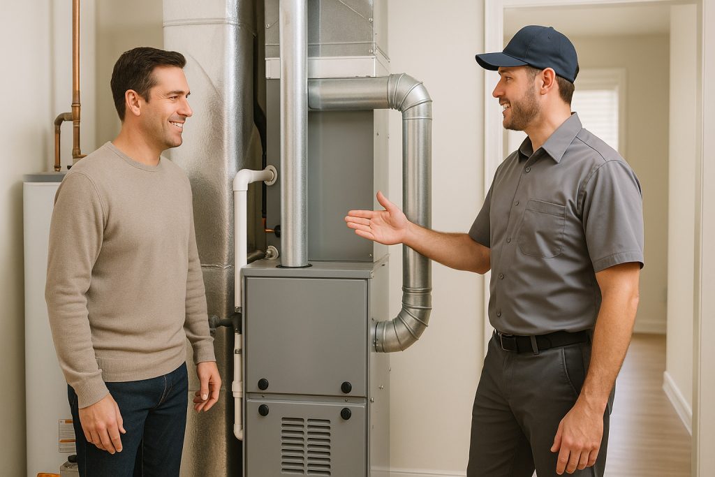 Homeowner and technician reviewing new furnace installation in Los Angeles home