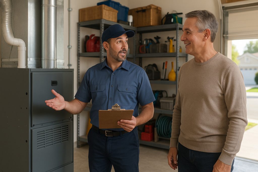 Los Angeles homeowner discussing new furnace install with HVAC technician in a garage