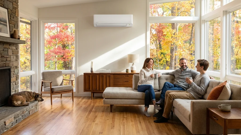 A quiet ductless mini-split heating a cozy Virginia living room on a cool November morning.