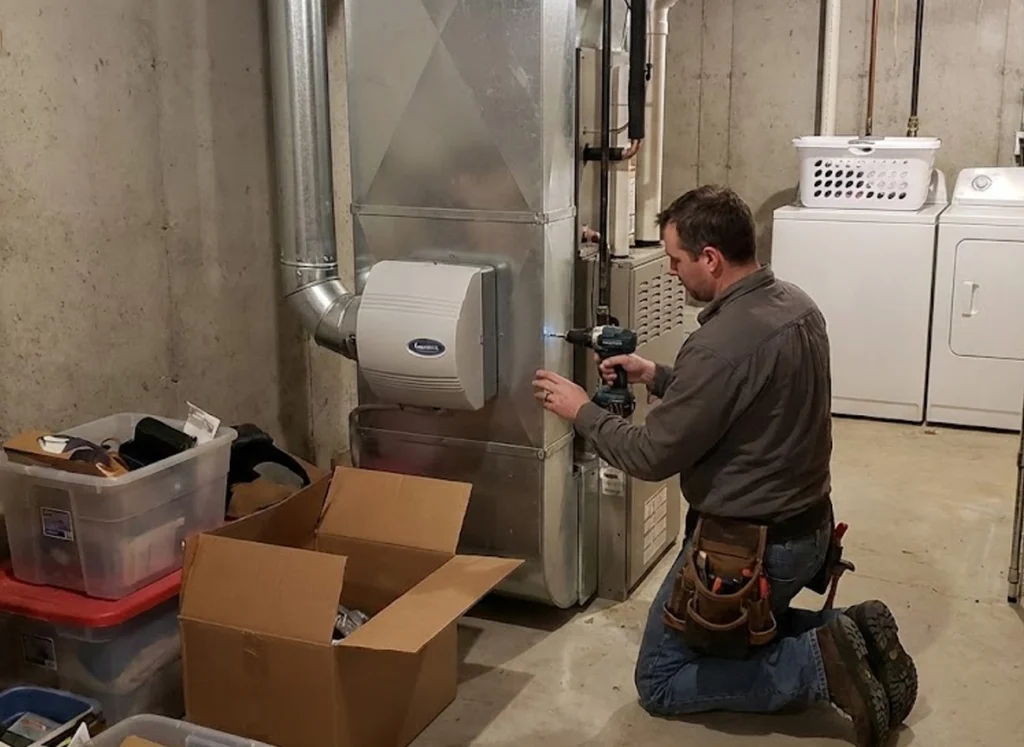 An HVAC technician installing a whole home humidifier in the basement of a California home