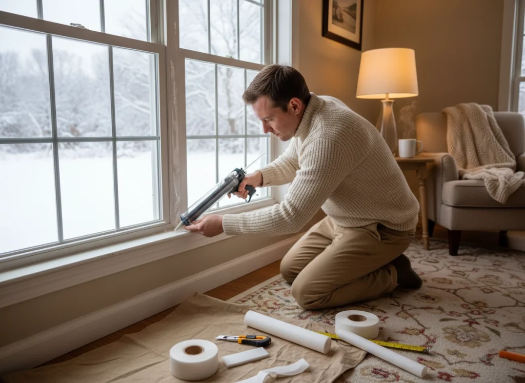 Homeowner sealing a window with weatherstripping on a cold winter day to prevent drafts