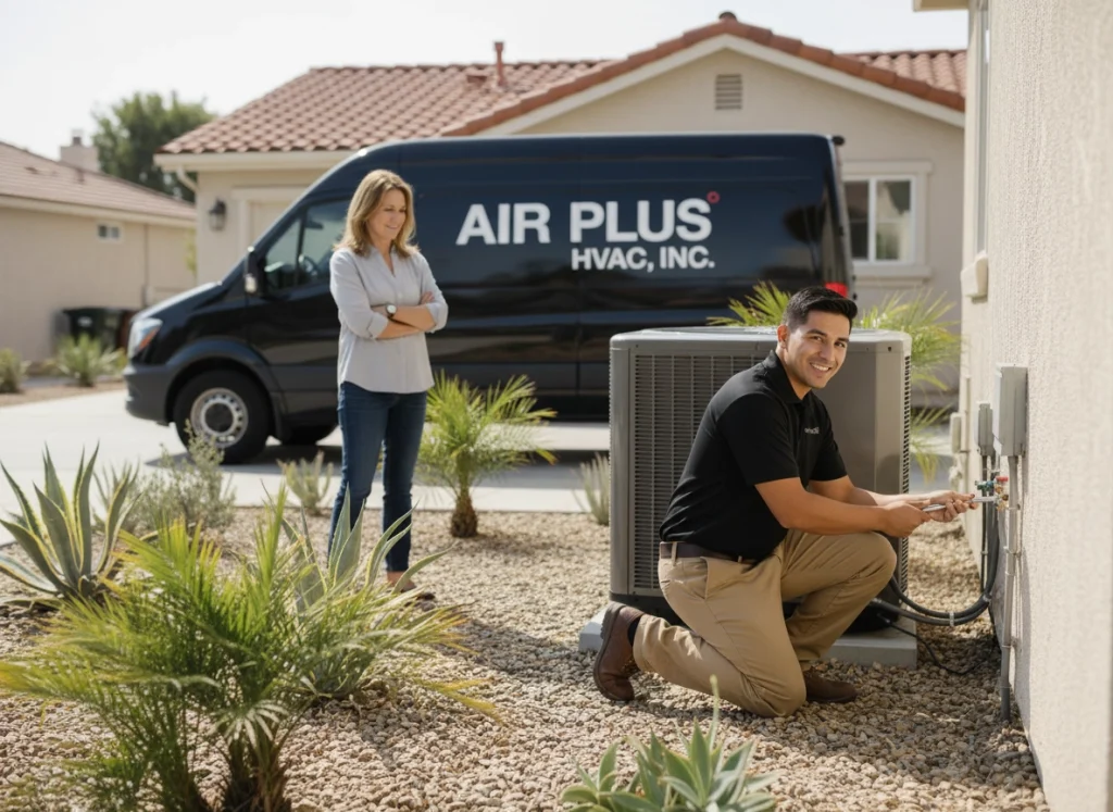 HVAC technician installing outdoor heat pump unit at Los Angeles home with tropical landscaping
