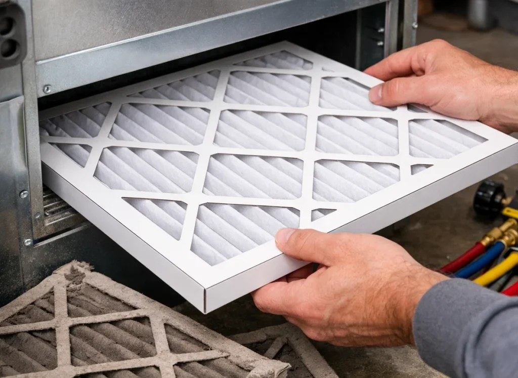 New furnace air filter being installed to improve airflow and prevent winter heating issues.