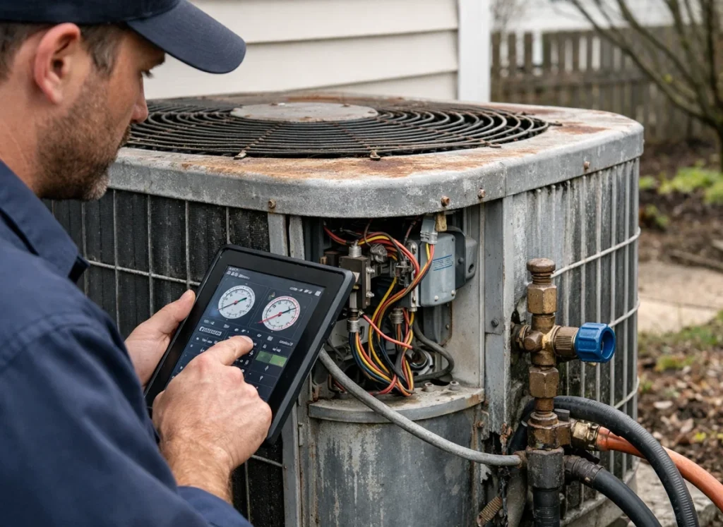 HVAC technician inspecting aging outdoor AC unit to determine repair or replacement