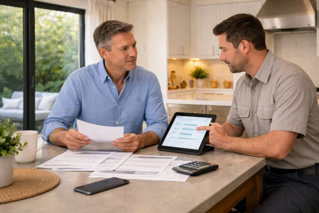 Los Angeles homeowner comparing AC installation estimates with HVAC technician