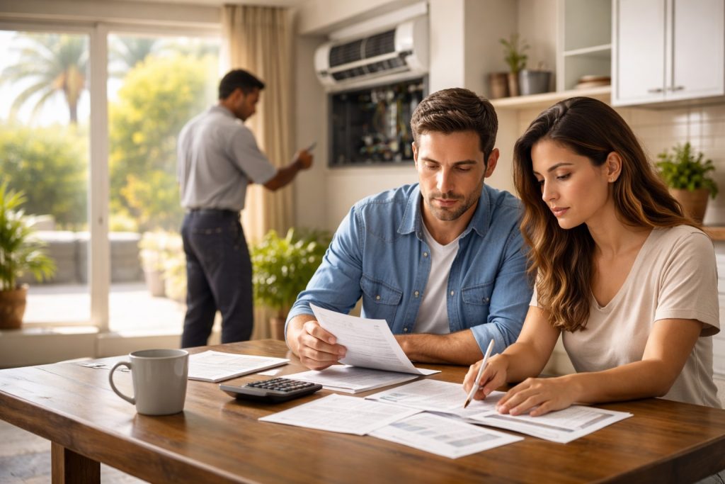 Homeowners reviewing bills while technician performs AC maintenance in background.
