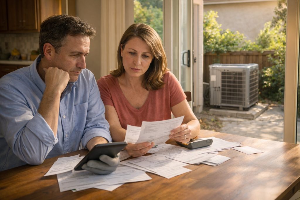 Homeowners reviewing energy costs with aging heat pump in background