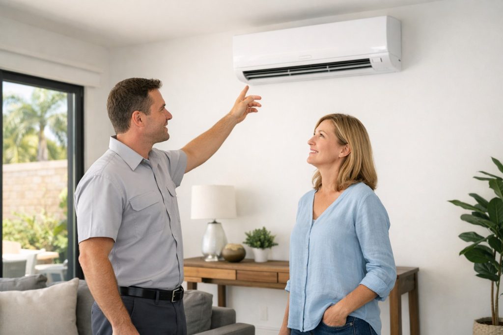 Los Angeles homeowner reviewing ductless mini split installation with HVAC technician.