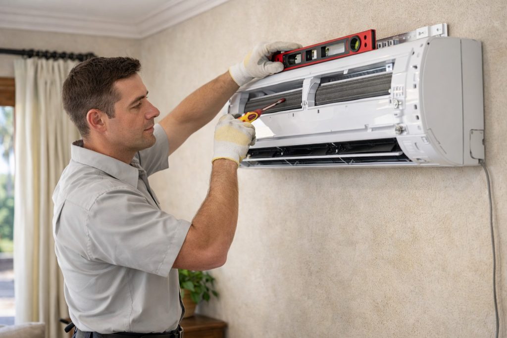 HVAC technician installing ductless mini split system in residential home.