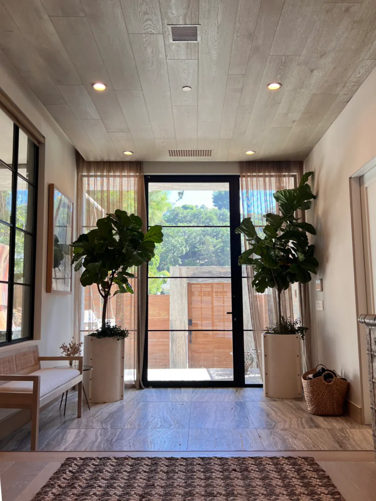 Entry hall with a pale plank ceiling, potted trees, and a glass door at the end.