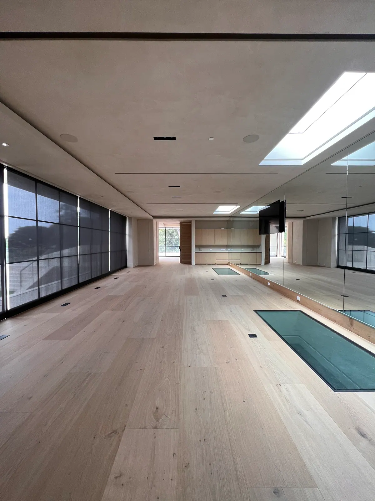 Long room with oak flooring, two skylights, and a glass panel set into the floor.