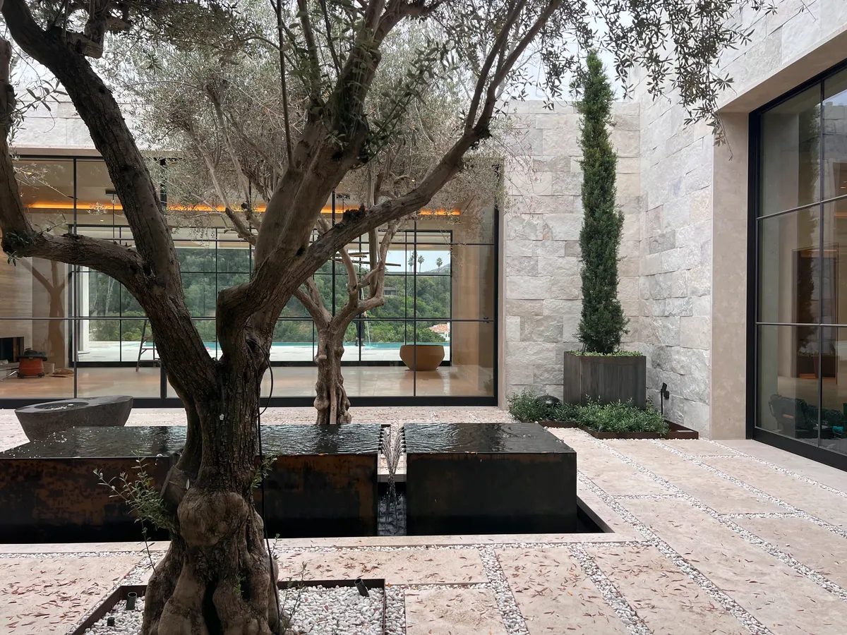 Courtyard with an olive tree, a water feature, stone walls, and steel-framed windows.
