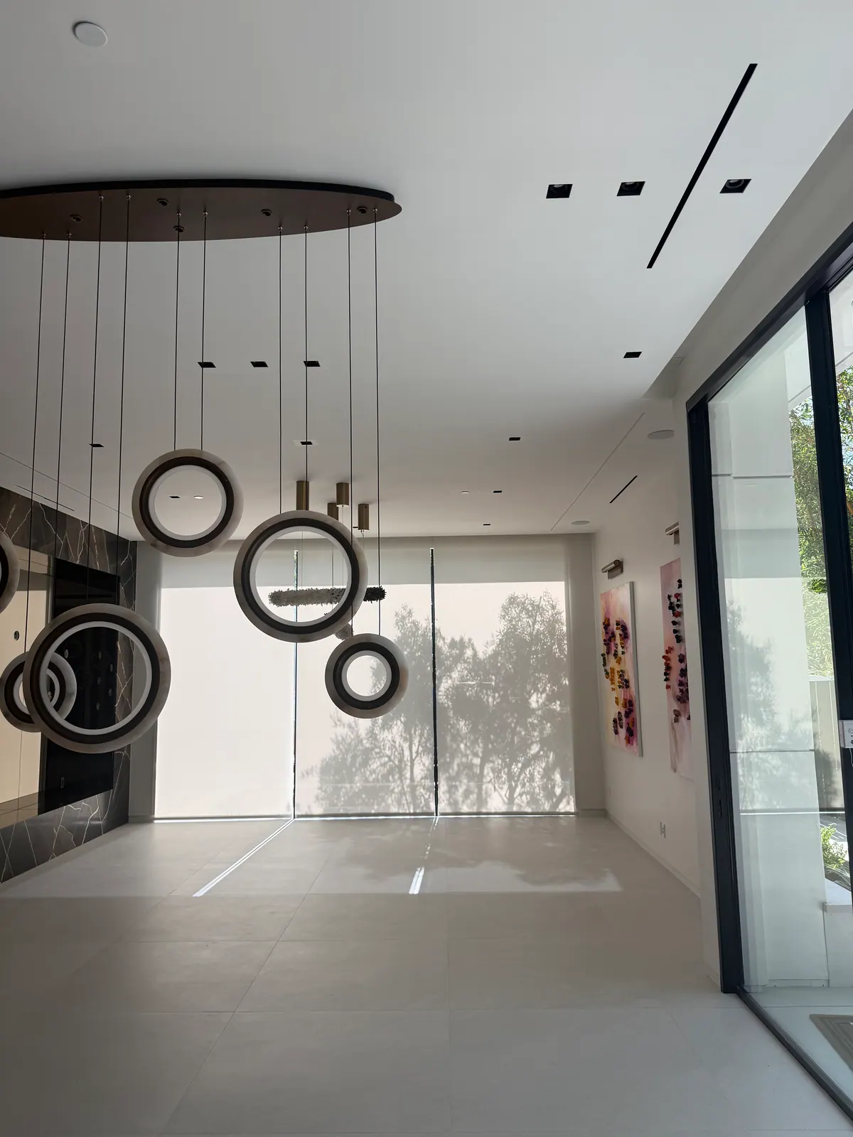 Room with a cluster of ring-shaped pendant lights and a tall glass door.