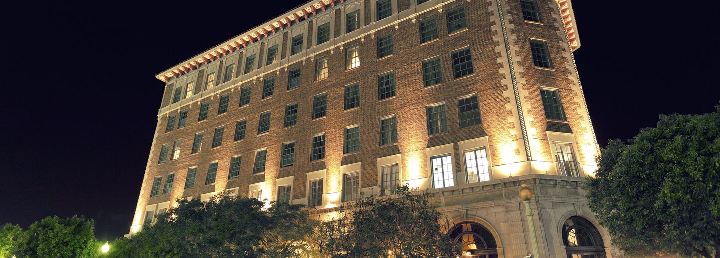 The Culver Hotel at night.