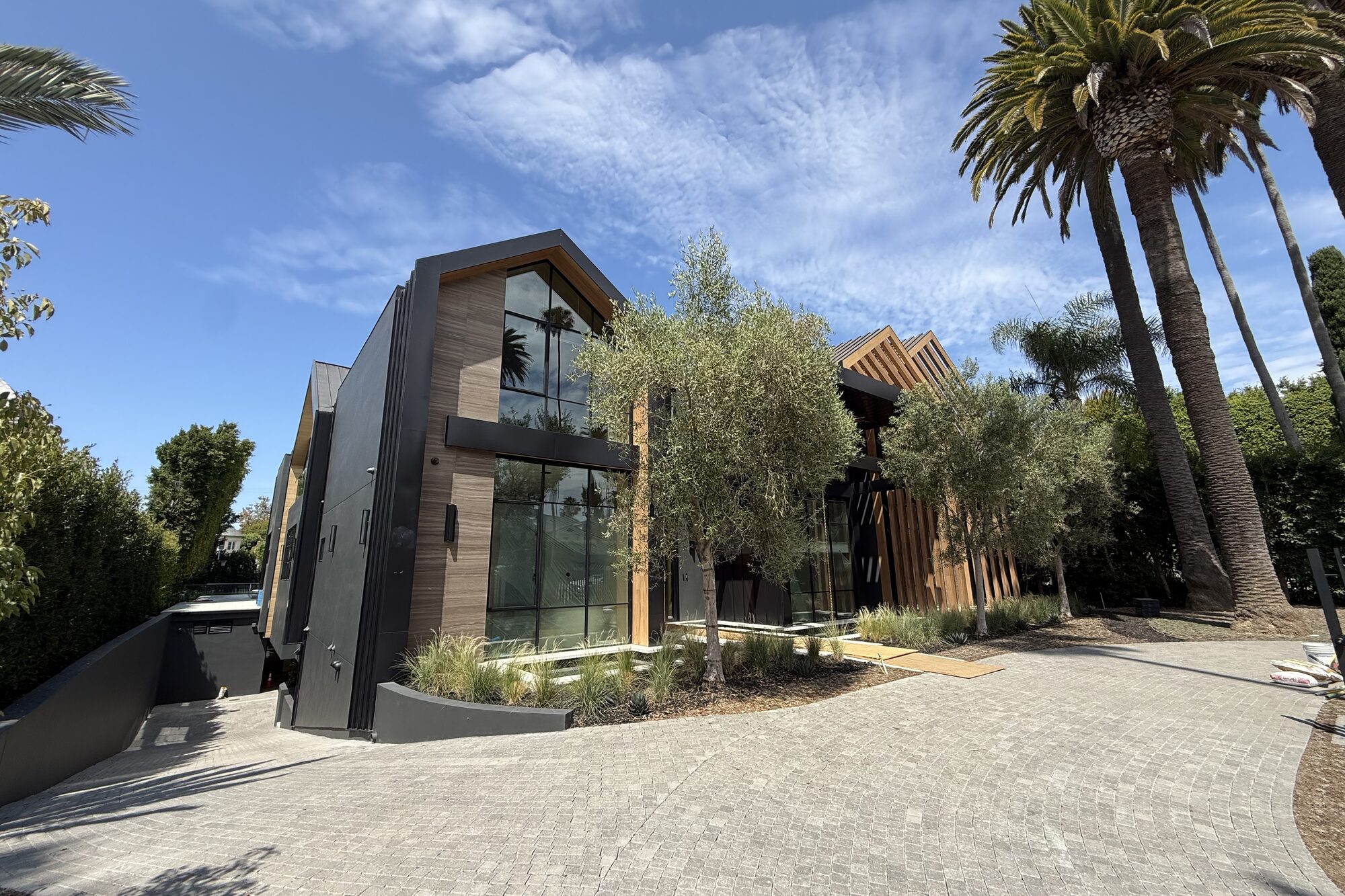 Wood and glass house with palms along the drive.
