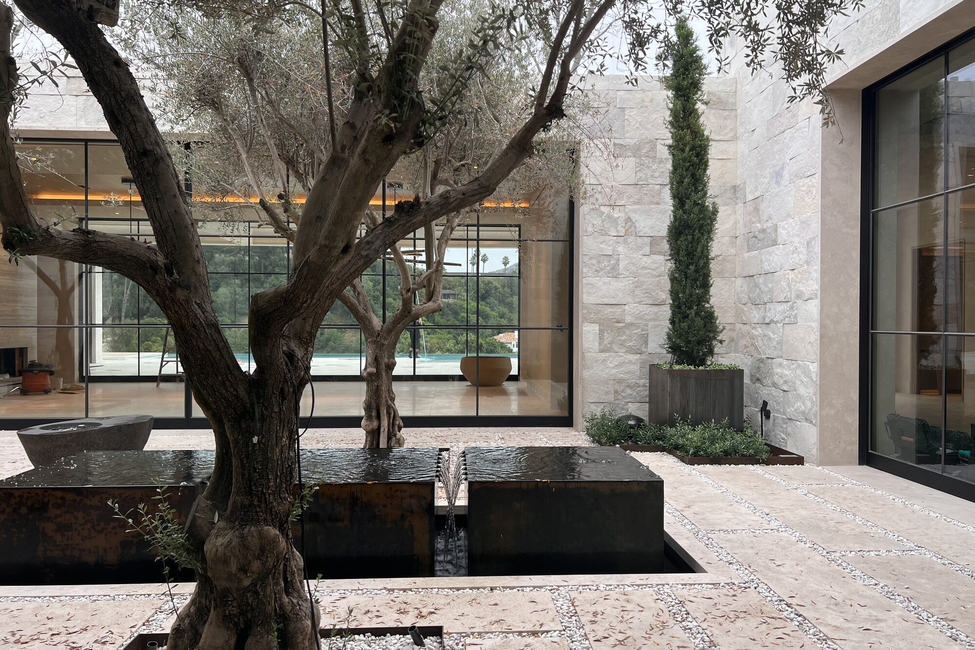 Stone courtyard with an olive tree.