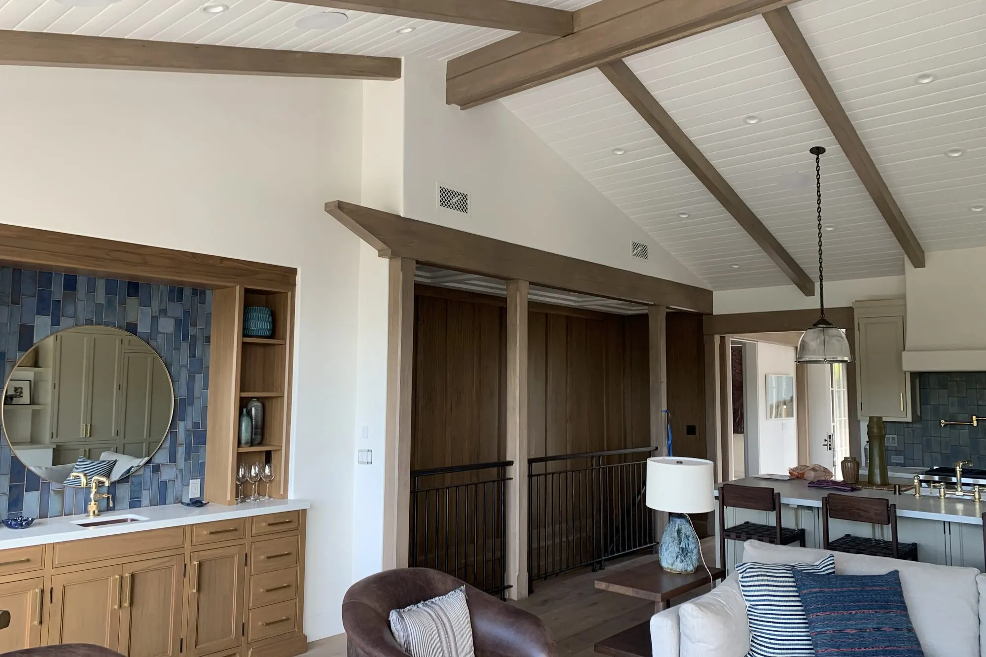 Living room with wood beams in Pacific Palisades.